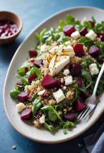 Półmisek z sałatką z kaszą pęczak, burakiem, rukolą i orzechami