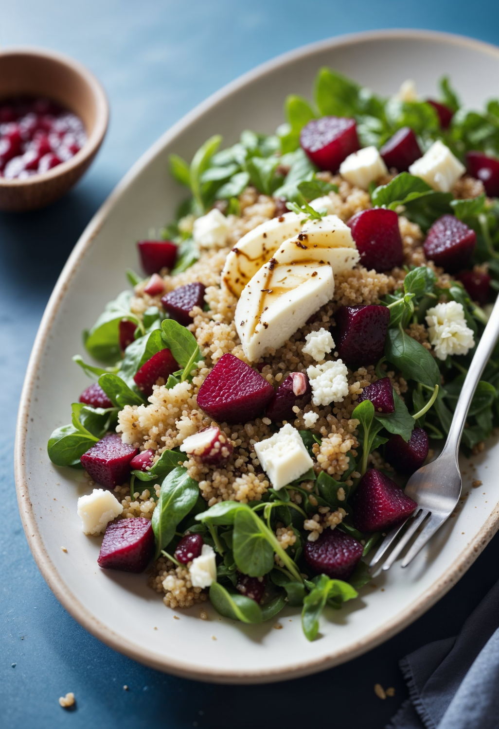 Półmisek z sałatką z kaszą pęczak, burakiem, rukolą i orzechami