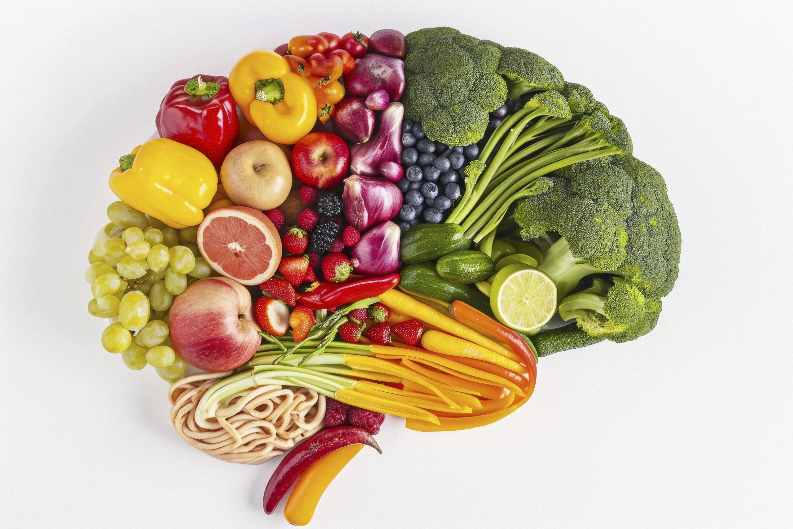 Warzywa i owoce ułożone w kształt mózgu, na białym tle