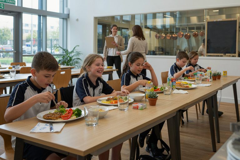 Zdjęcie dzieci w stołówce szkolnej jedzące zdrowe potrawy